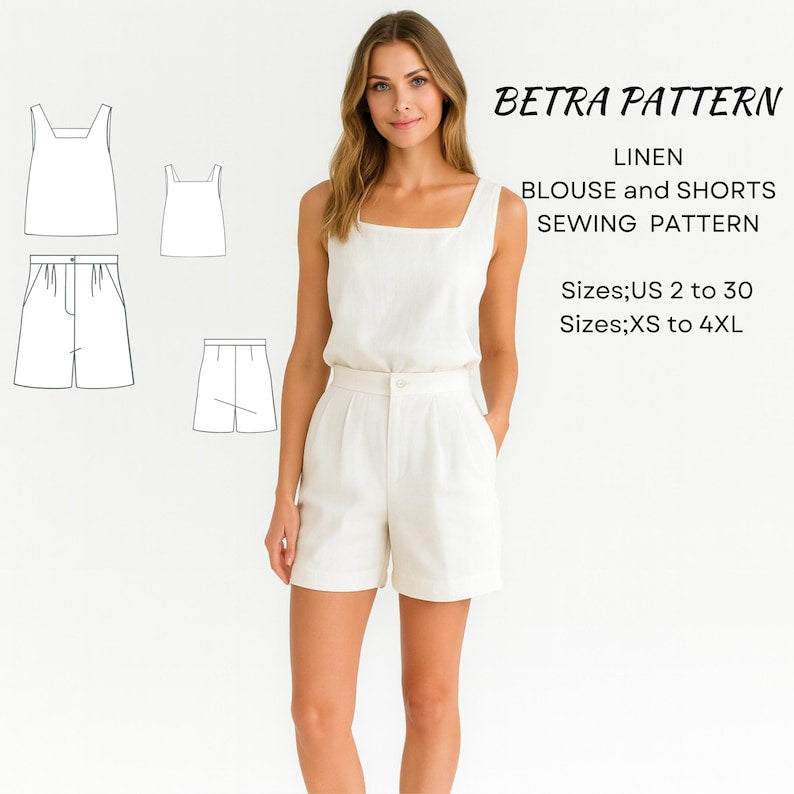 Linen Shorts and Blouse Sewing Pattern: Wide Leg, Loose Fit (XS-4XL) (PDF Pattern)