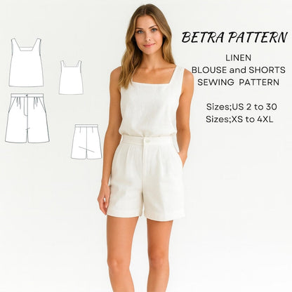 Linen Shorts and Blouse Sewing Pattern: Wide Leg, Loose Fit (XS-4XL) (PDF Pattern)