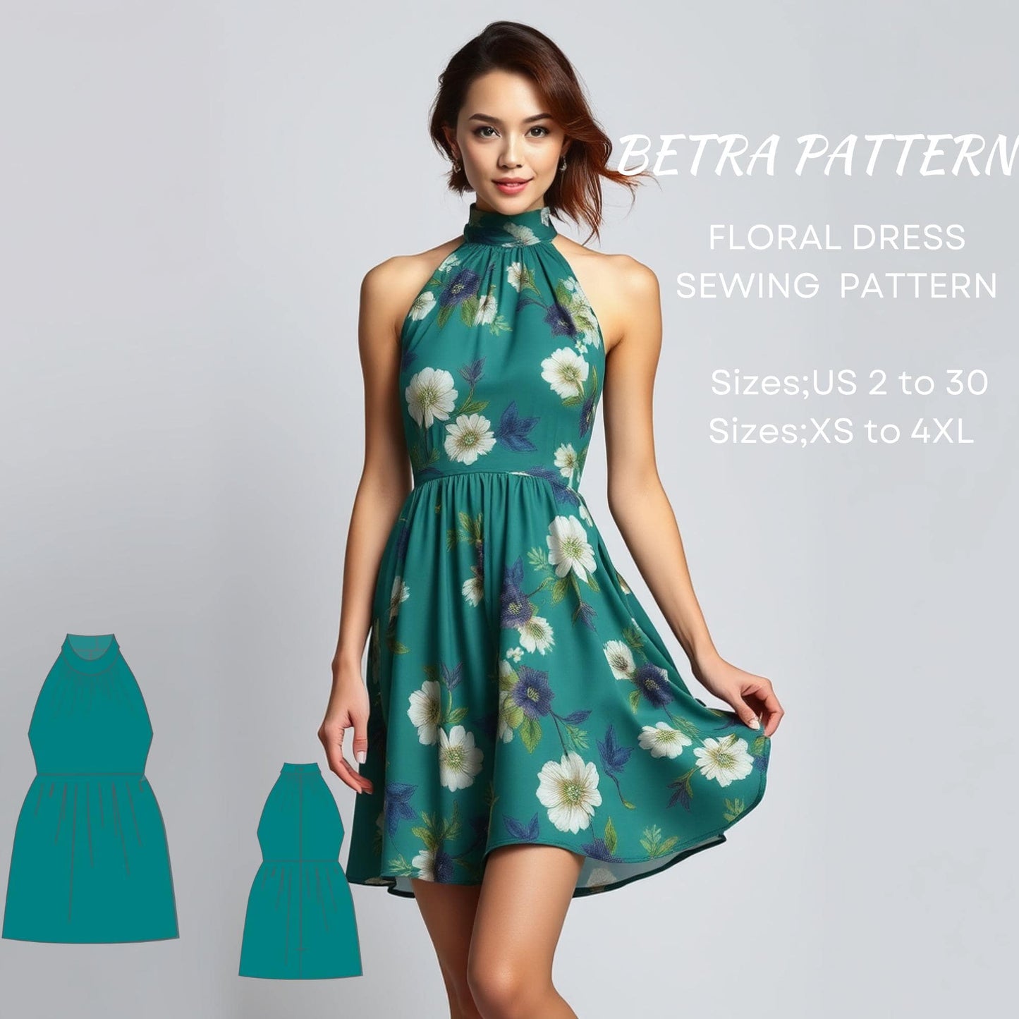 BETRAPATTERN Halter Neck Mini Dress Sewing Pattern PDF Bohemian Style