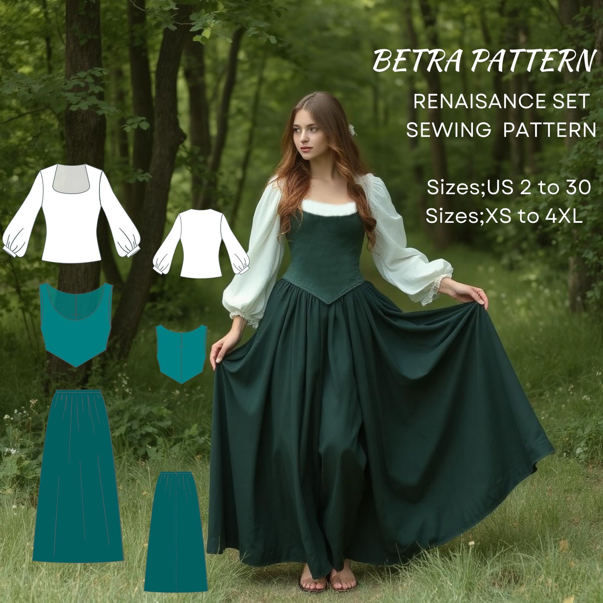 BETRAPATTERN Renaissance Dress Set Sewing Pattern Blouse Skirt Corset XS-4XL