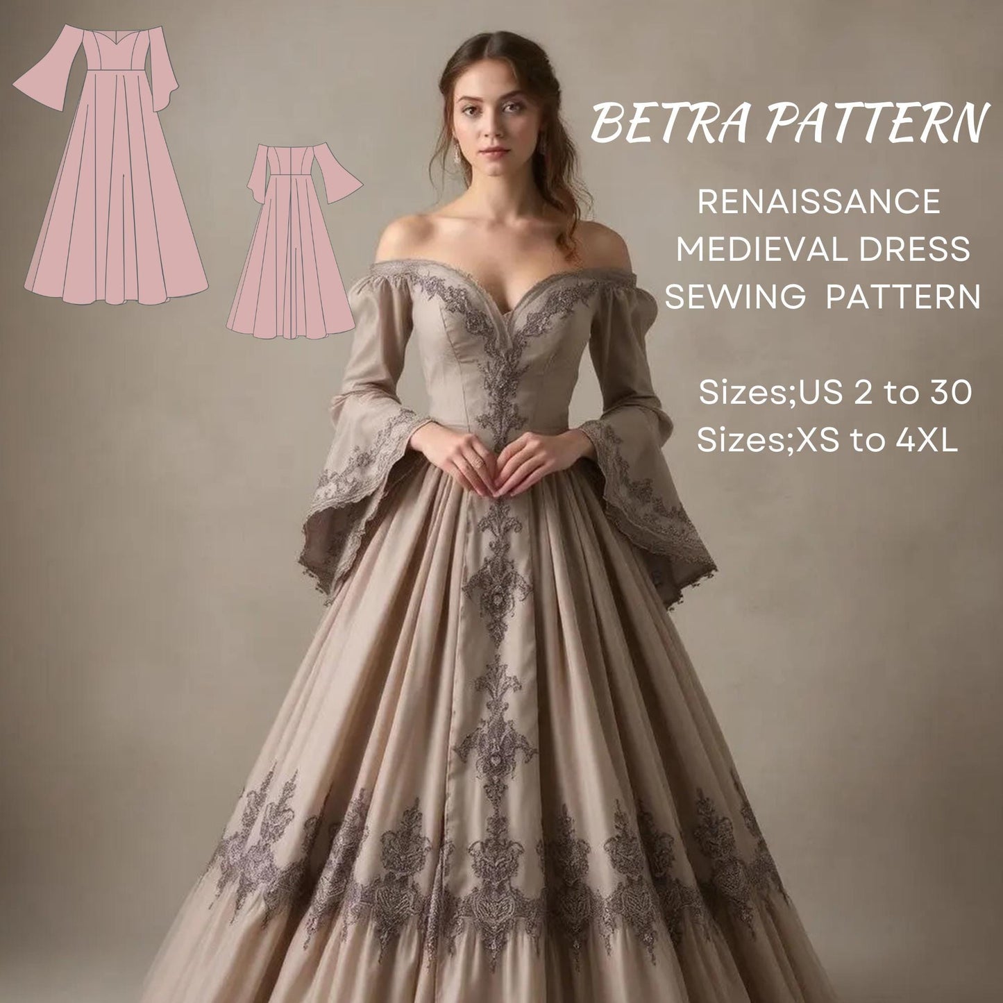 BETRAPATTERN Renaissance Dress Sewing Pattern Off-Shoulder Ball Gown PDF