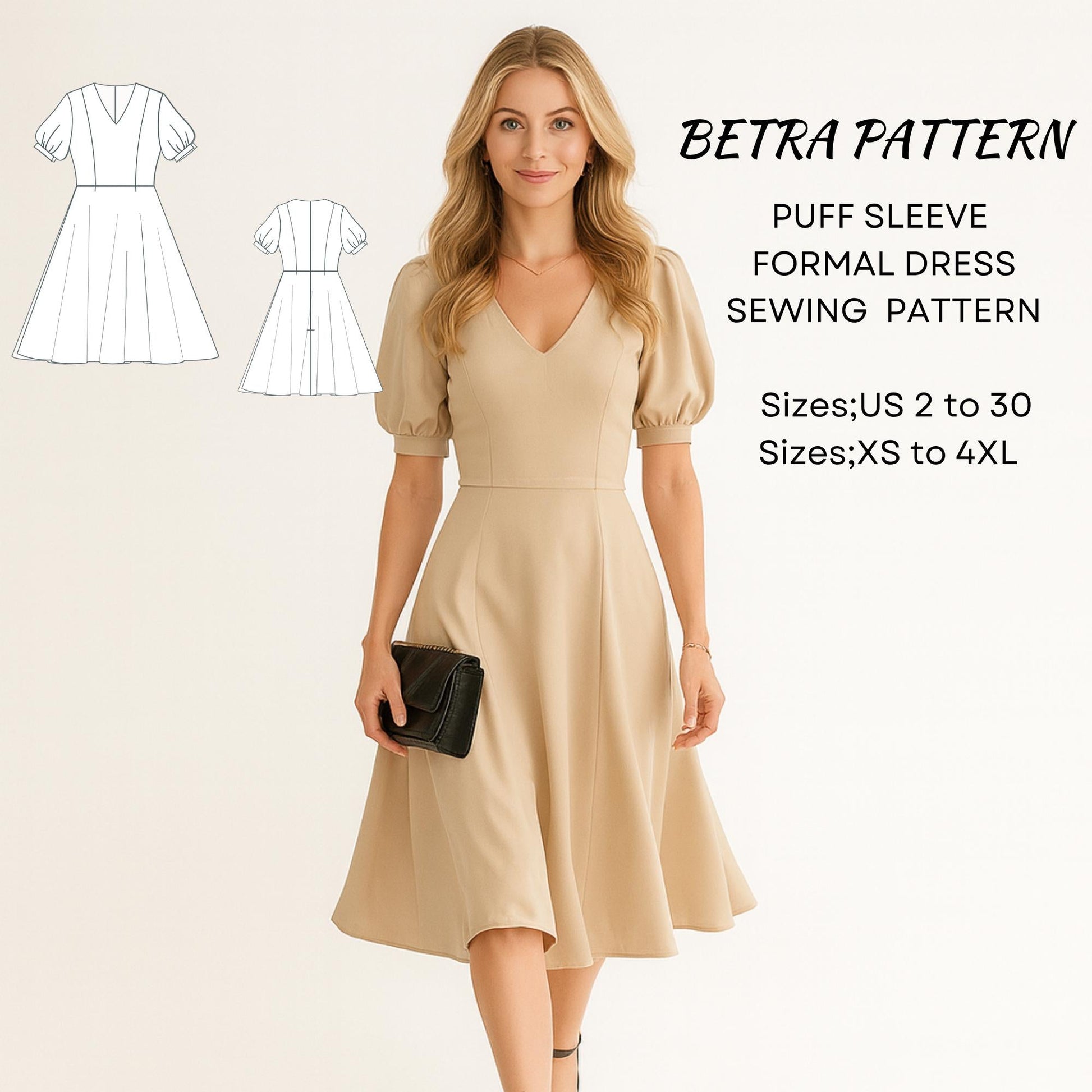 BETRAPATTERN Puff Sleeve Formal Dress Sewing Pattern V Neck