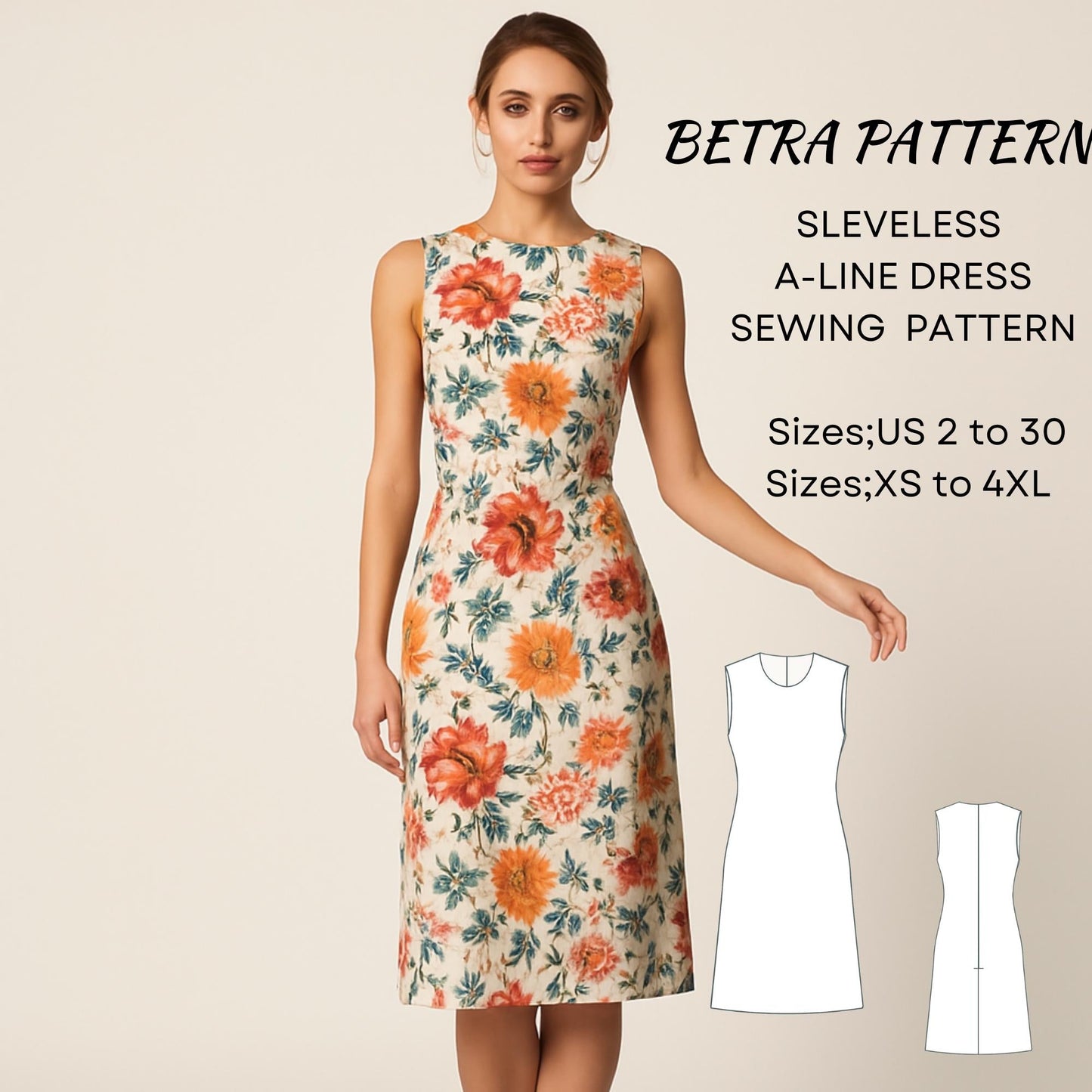 BETRAPATTERN Sleeveless A-Line Dress Sewing Pattern PDF Sizes XS-4XL