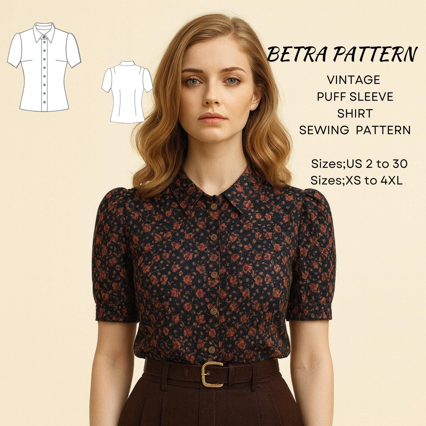 BETRAPATTERN Vintage Puff Sleeve Blouse Sewing Pattern PDF Bundle