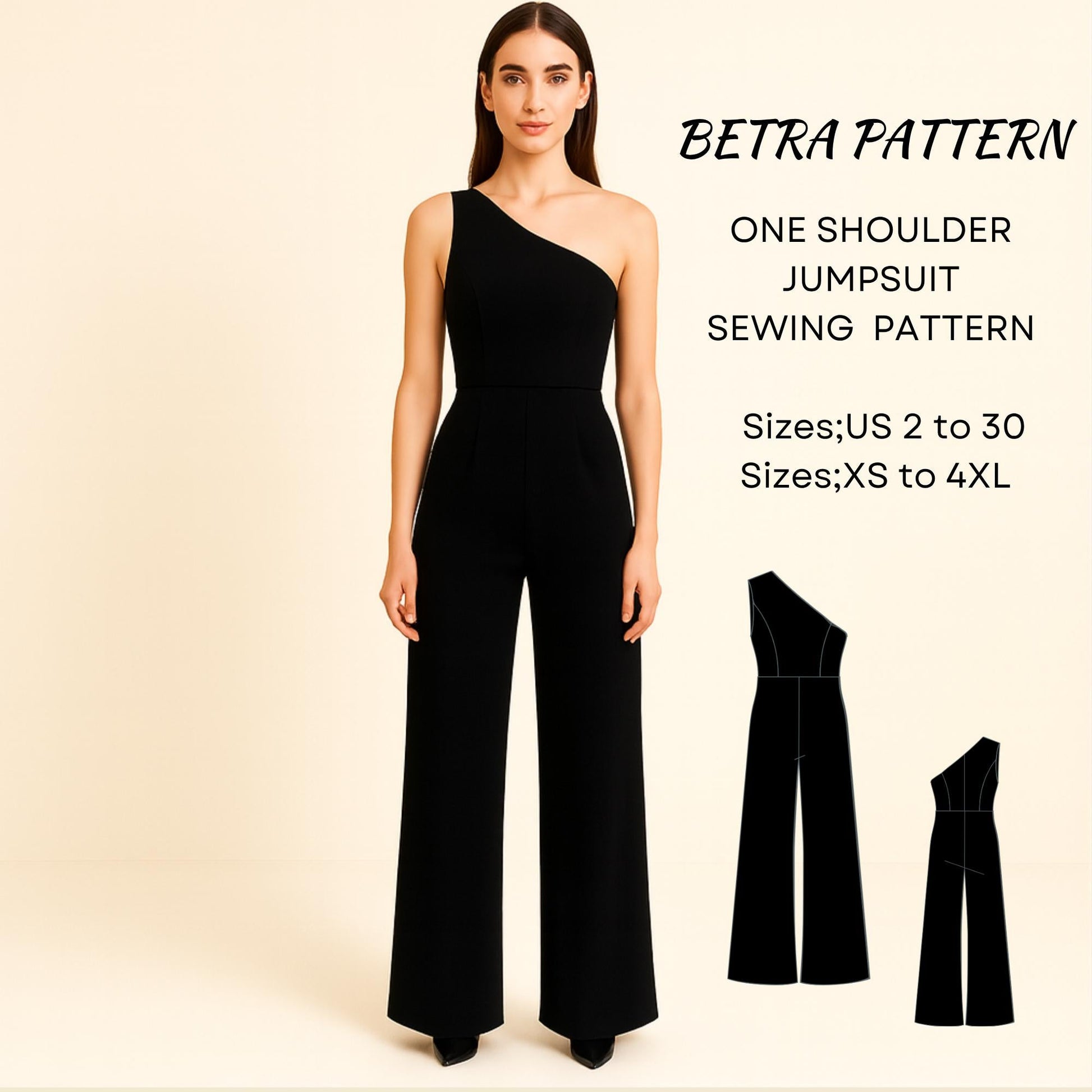 BETRAPATTERN One Shoulder Jumpsuit Sewing Pattern Palazzo Leg Digital Download