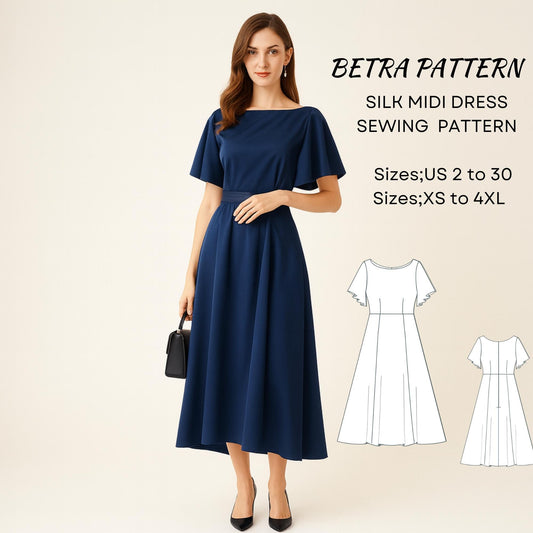 BETRAPATTERN Silk Midi Dress Sewing Pattern, Satin Evening Gown