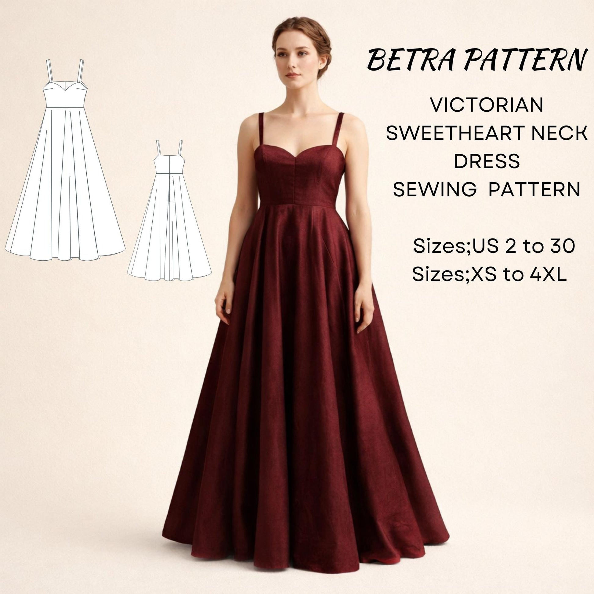 BETRAPATTERN Victorian Sweetheart Neck Dress Sewing Pattern PDF Download