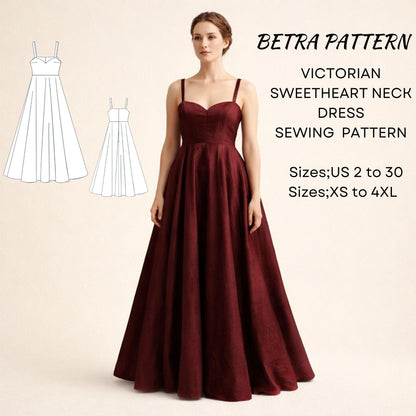 BETRAPATTERN Victorian Sweetheart Neck Dress Sewing Pattern PDF Download
