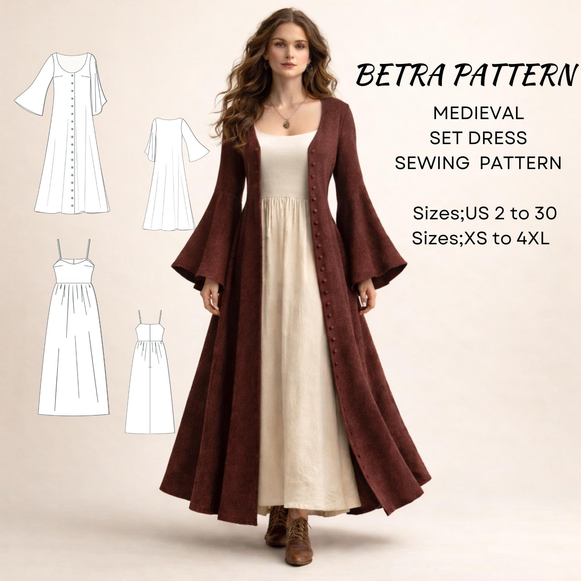 BETRAPATTERN Medieval Costume Sewing Pattern Gathered Tent Dress XS-4XL