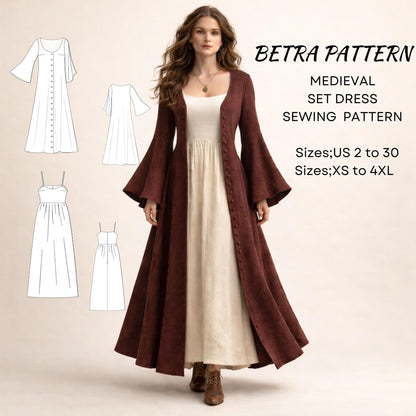 BETRAPATTERN Medieval Costume Sewing Pattern Gathered Tent Dress XS-4XL