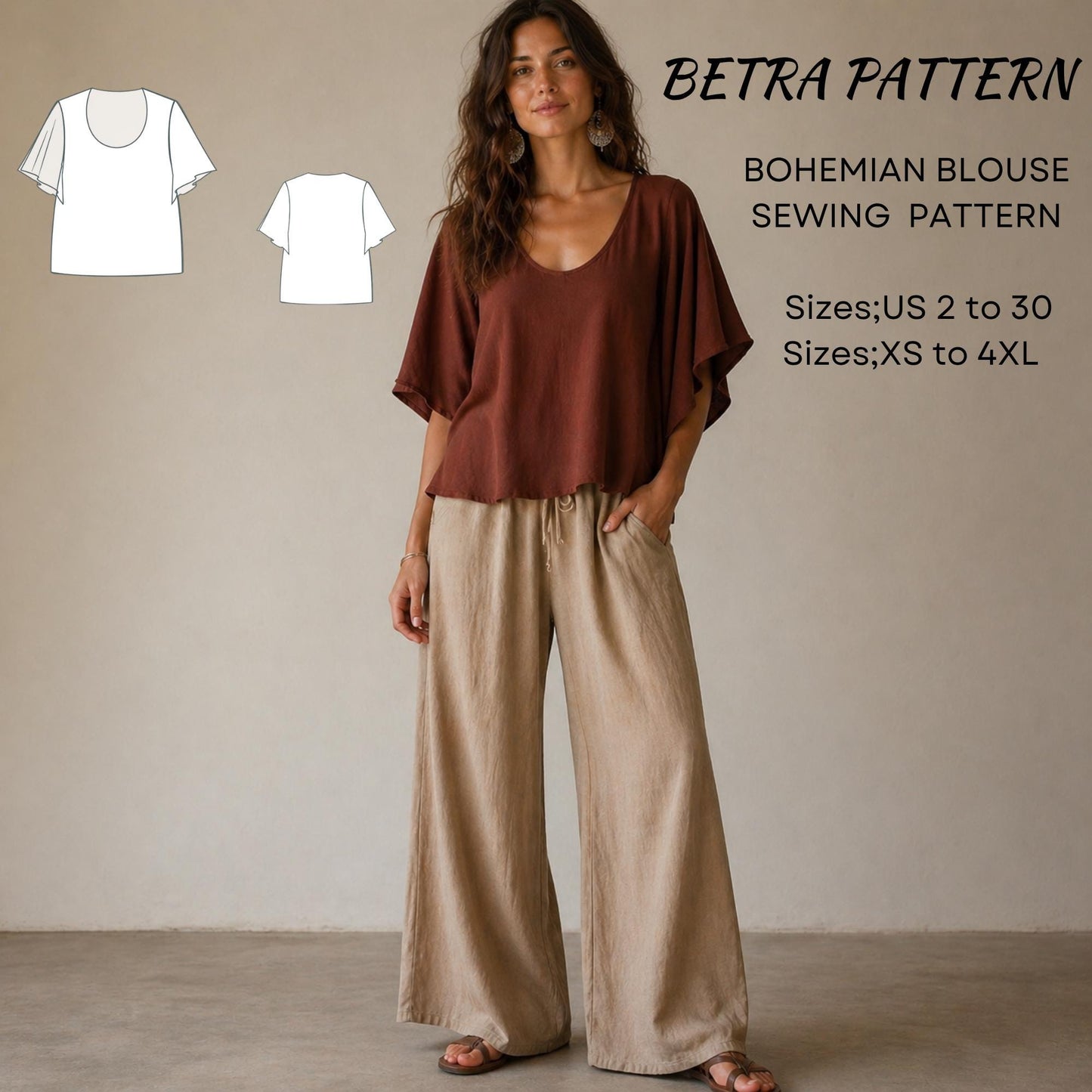 BETRAPATTERN Bohemian Blouse Sewing Pattern Flared Sleeve PDF Bundle