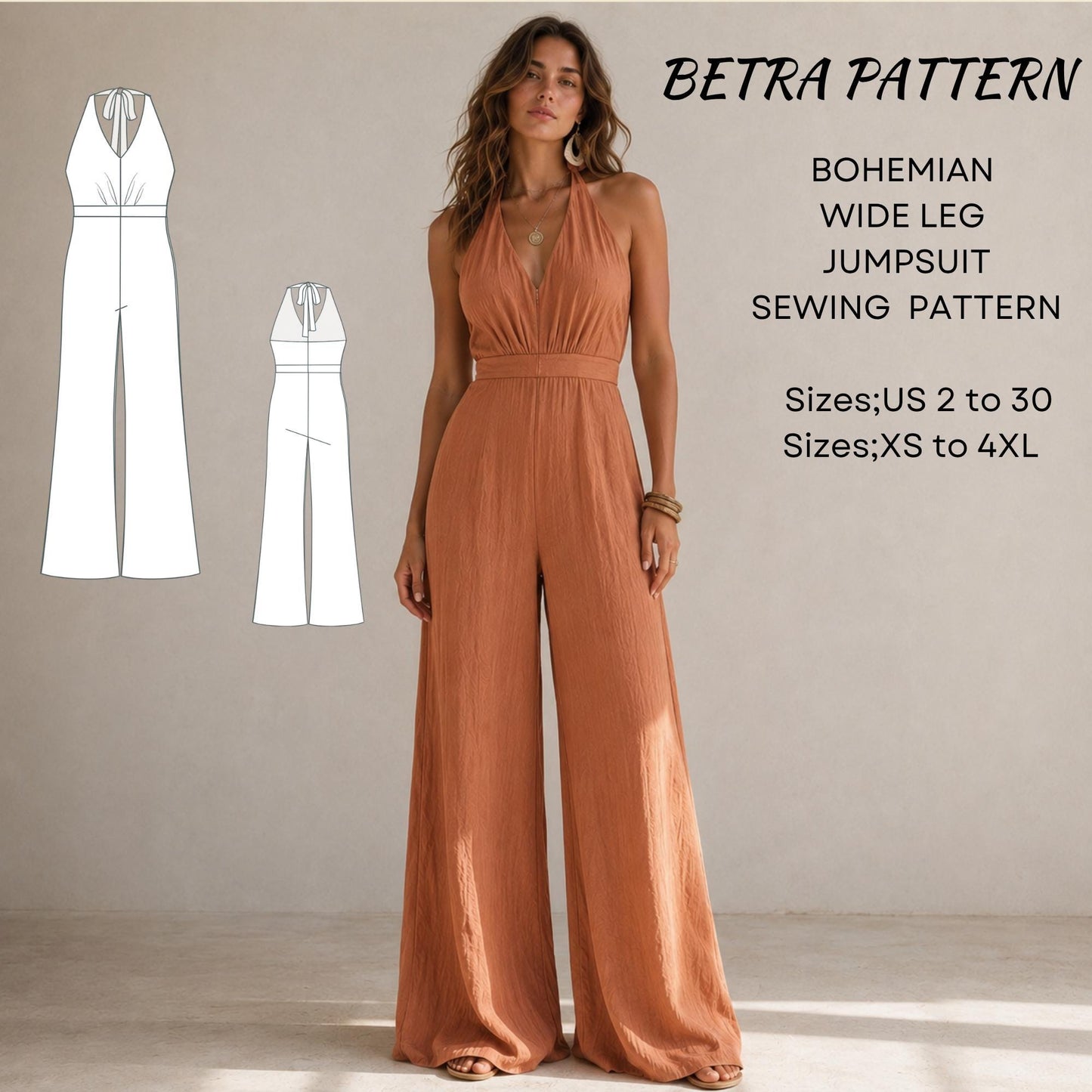 BETRAPATTERN Bohemian Wide Leg Jumpsuit Sewing Pattern Halter Neck XS-4XL