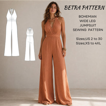 BETRAPATTERN Bohemian Wide Leg Jumpsuit Sewing Pattern Halter Neck XS-4XL